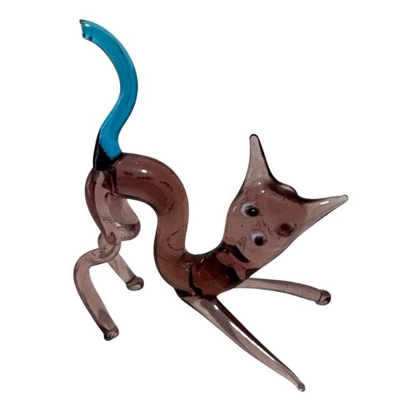 Blown Glass Cat Figurine Blue Tail 2.5" Handcrafted Cat Lovers Unique 2.5" READ - Picture 1 of 8